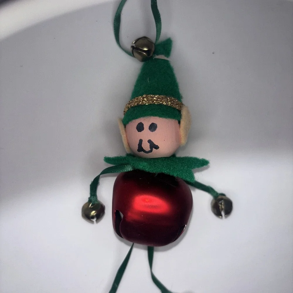 Vintage Christmas Pixie Elf Jingle Bell Ornament Wood Head Felt Hat Kitschy 6